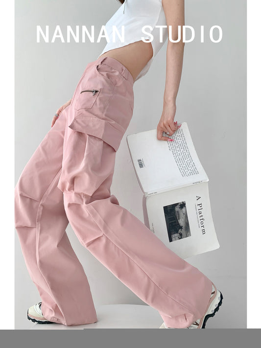 Heart-moving early summer American sweetheart pink thin straight overalls women's loose functional wind pocket floor mopping wide-leg pants