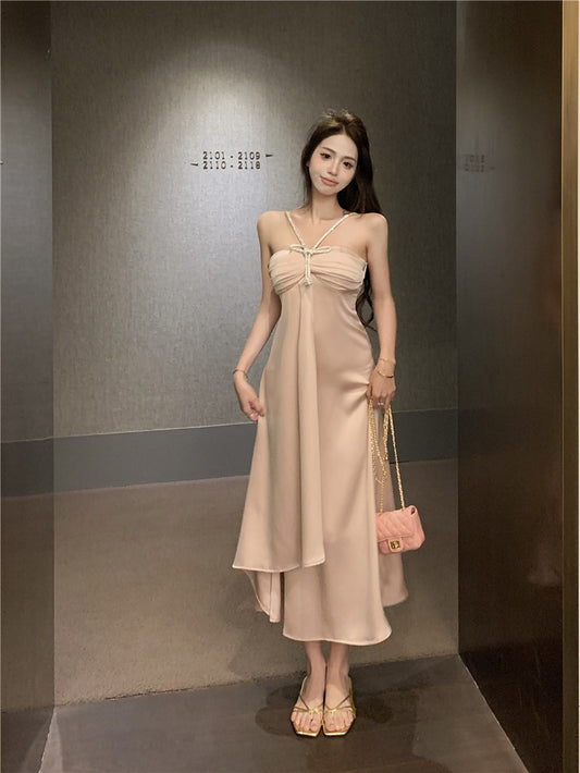 Bow knot tube top rhinestone suspender dress women's summer seaside vacation one-shoulder long skirt irregular skirt