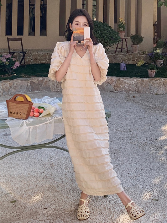 White French V-neck Puff Sleeve Dress Women's Summer Gentle Wind Loose Slim Wrinkle Striped Temperament Long Dress
