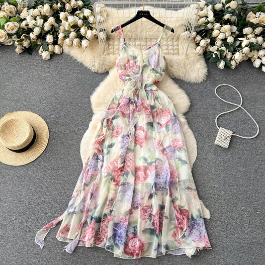 Chiffon suspender dress women's summer 2023 new high-end French floral skirt slim temperament holiday skirt