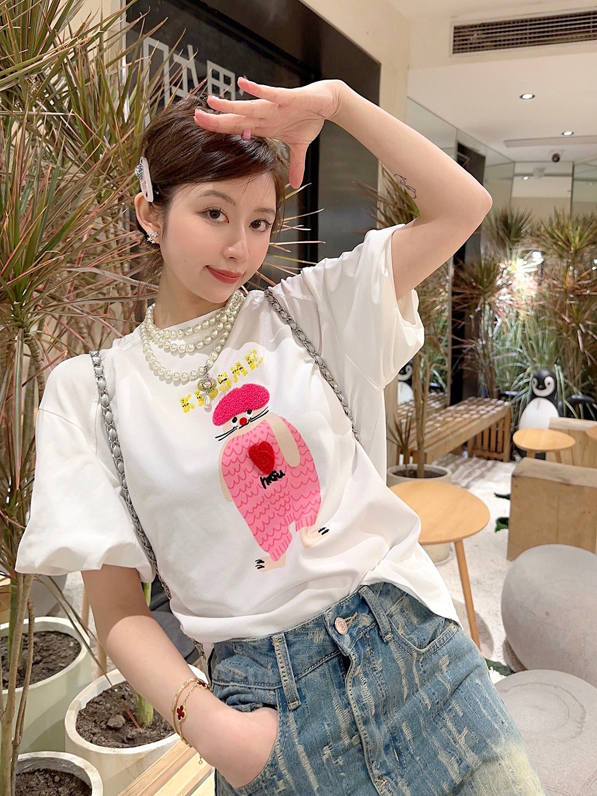 Thebestxue Korean version of white printed beading asymmetric bubble short-sleeved t-shirt women's 2023 new top summer