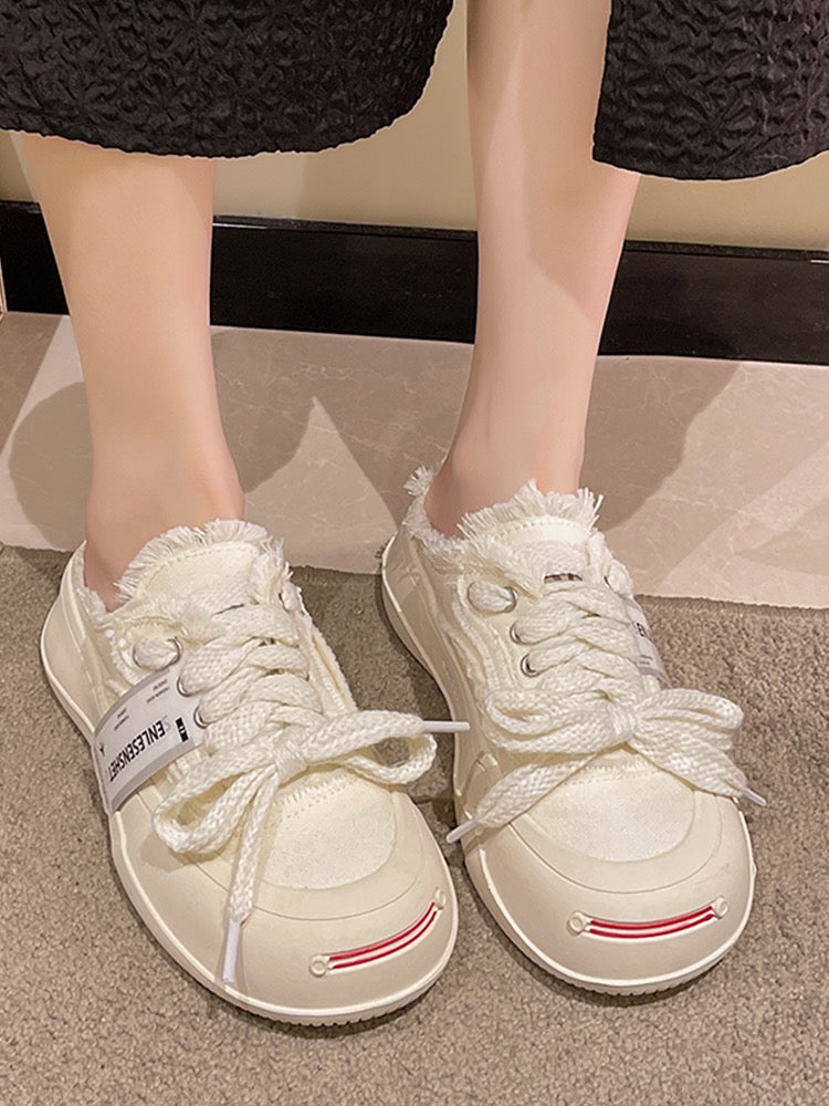 Baotou semi-slippers women's summer wear ins tide 2023 new opening smile canvas shoes thick-soled small white sandals and slippers