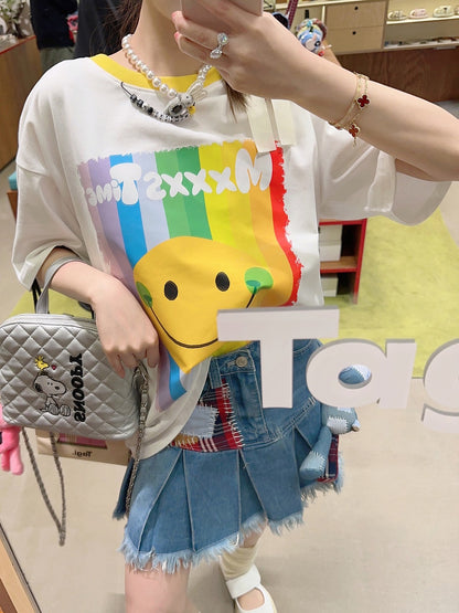 Thebestxue2023 summer new Korean version of the loose white happy smiley letter print short-sleeved T-shirt female