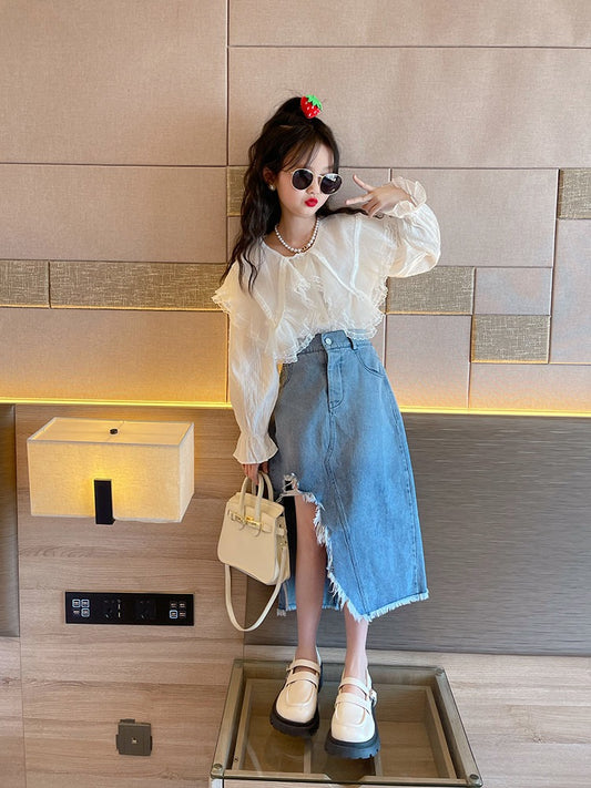 Korean children's clothing 2023 spring suit fashionable foreign style big girl all-match spring clothing net red children's denim suit skirt