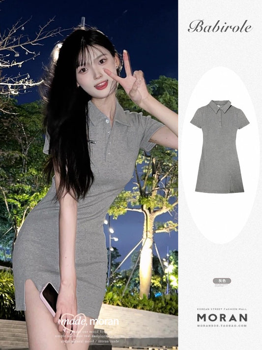 Pure desire polo collar shirt skirt bag hip slim slim waist temperament short casual college summer hot girl dress