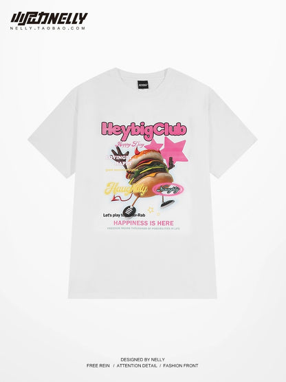 ins2023 American retro hamburger print short-sleeved T-shirt men's and women's tide brand design sense half-sleeved t-shirt mid-sleeved tee