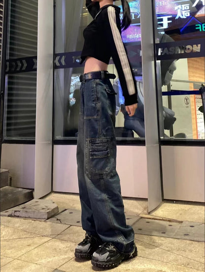 Large size fat mm American retro high waist jeans women's spring and autumn loose slim straight high street wide leg work pants