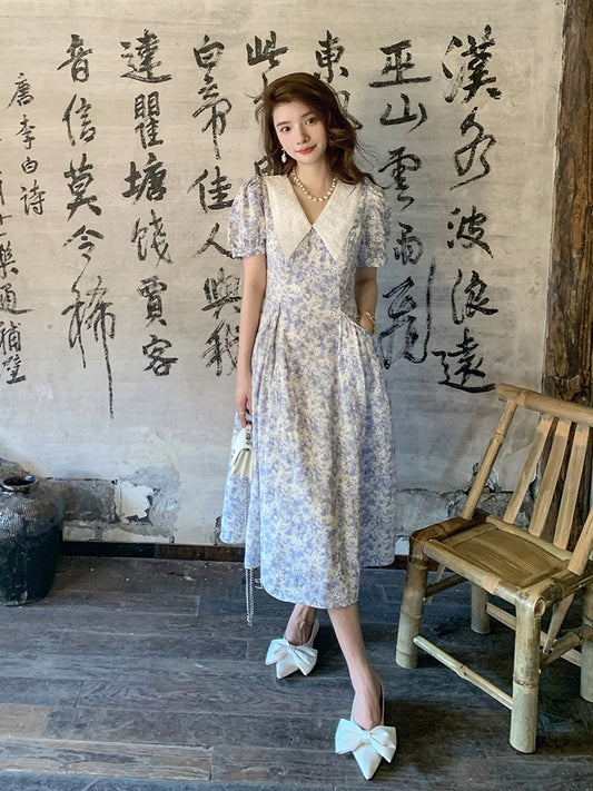 Deng Liuliu French-style first love tea break dress slim waist doll collar seaside holiday style floral dress female summer