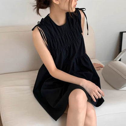 Korean chic niche retro round neck pleated bow tie small sleeveless vest dress female