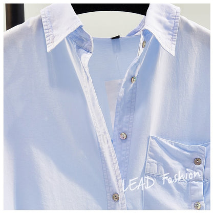 Tencel denim cotton roll-sleeved casual shirt women 2023 summer new Korean fan art loose shirt top cardigan