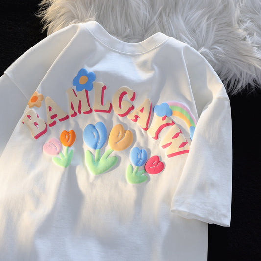 JWNEED color 3D three-dimensional printing short-sleeved t-shirt men and women summer loose niche high-level couple tops
