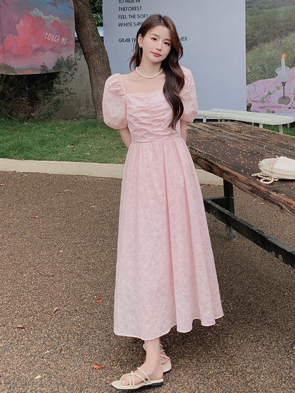Pink French puff sleeve dress women's summer 2023 new pleated square collar temperament slim and gentle wind long skirt
