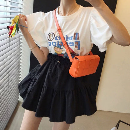 Korean chic summer playful age-reducing round neck cartoon letter lantern sleeve T-shirt + high waist drawstring fluffy skirt