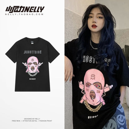 Ins European and American fashion masked people printed short-sleeved T-shirt men and women oversize loose high street hip-hop fried street half-sleeves