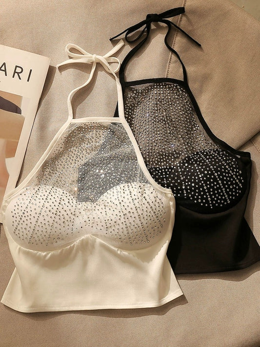 Sexy Spice Girl Rhinestone Beautiful Back Halter Neck Camisole Women's Summer Outer Wear With Chest Pad Short Sleeveless Top