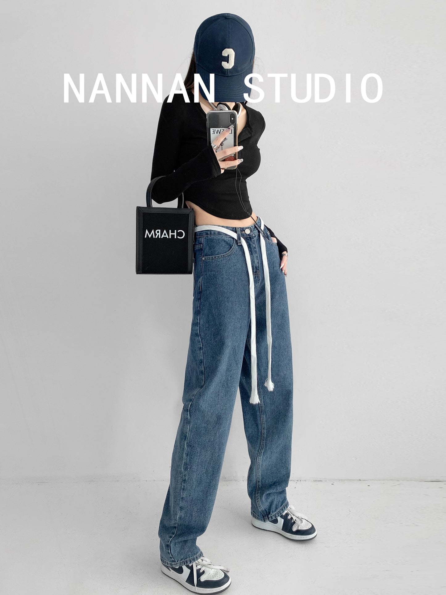 American-style printed letters drape wide-leg jeans women's retro loose slim strap high waist straight mopping pants trendy