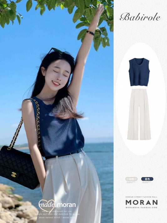 Salt style light and familiar style to wear a fashion set of women's summer sleeveless vest ice silk knitted top wide-leg pants two-piece set