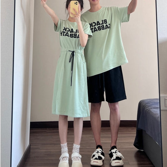 Couple clothes that won't hit the shirt summer new ins round neck short-sleeved T-shirt women's drawstring dress one skirt one clothes tide