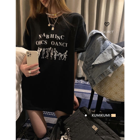 Kumikumi American retro casual black top spring letter print bottoming shirt loose short-sleeved T-shirt female