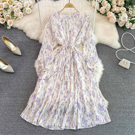 Floral skirt summer gentle first love fairy skirt short round neck bubble long sleeves pleated waist slimming A-line dress