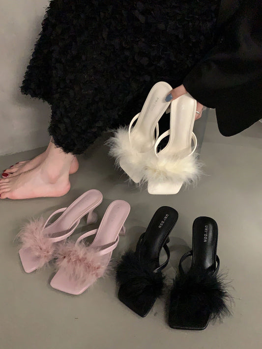 French style high heels plush slippers women's shoes outside wear 2023 new summer fairy wind black sandals sandals