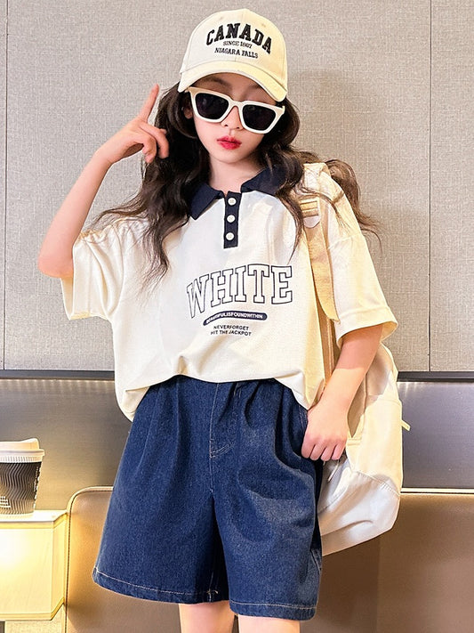 Girls white t-shirt summer 2023 new children's thin section POLO collar top summer dress girl casual loose t-shirt