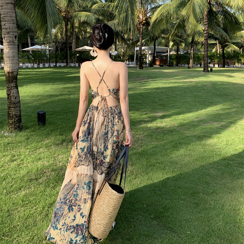 New Chinese style retro print suspender dress women's design sense folds backless thin seaside holiday inner skirt