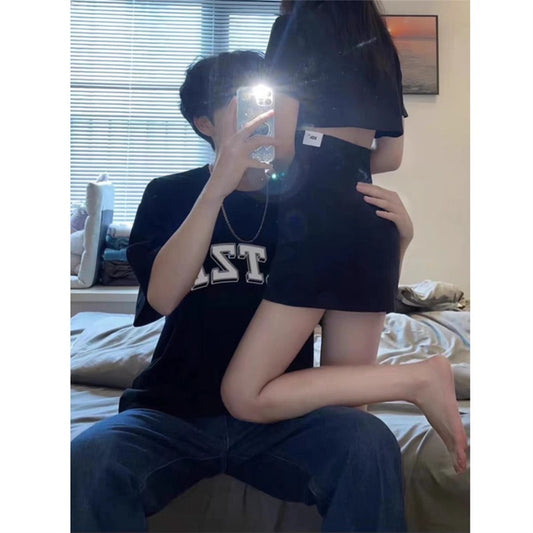 High-end couple wear summer dress 2023 new ins short-sleeved T-shirt female Polo collar bag hip dress one skirt and one suit