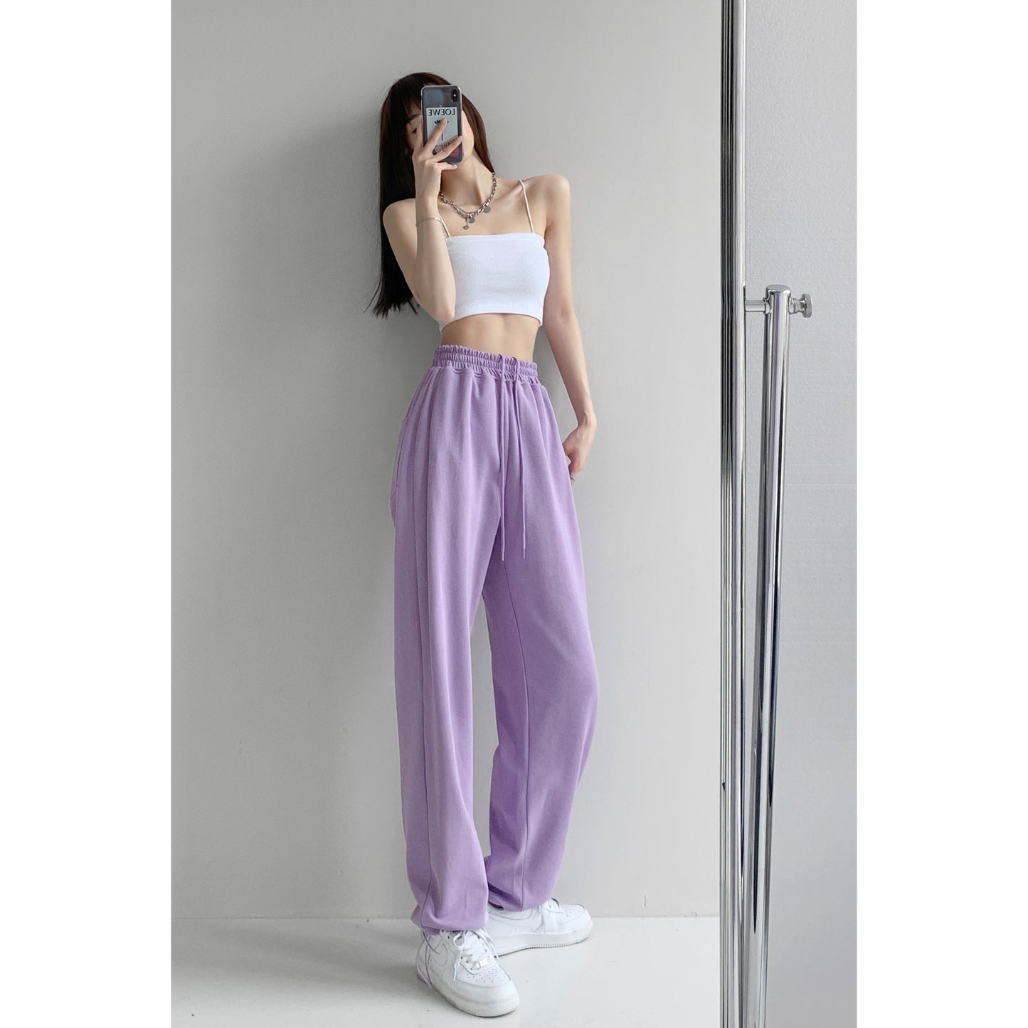 Hot girl blogger style loose sports pants women's spring and summer new slim drawstring leggings high waist casual straight leg pants