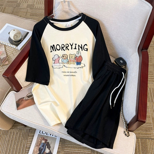 Casual contrasting color cotton sports suit women's summer 2023 new short-sleeved shorts loose outerwear western style two-piece suit