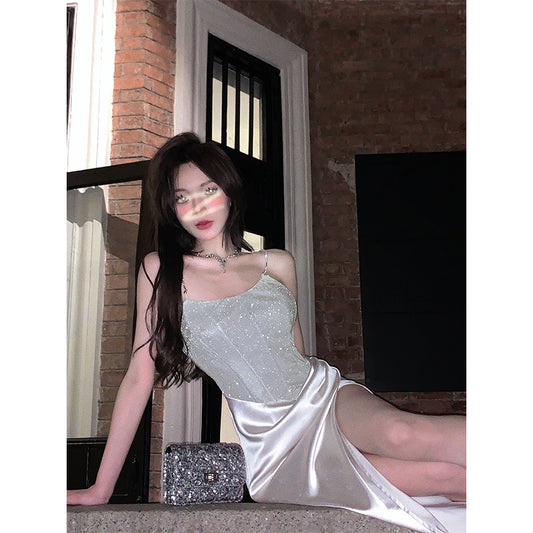 Aunt Barbie shredded flash satin suspender dress female summer waist hot girl high-end exquisite French slit bag hip dressẫ