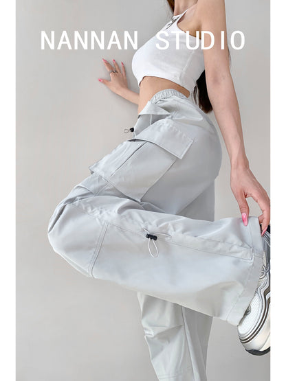 Chic girl design sense functional pocket pleated overalls women's street trendy brand loose paper bag pants wide-leg pants summer