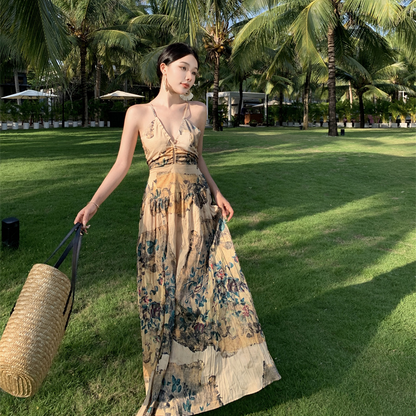 New Chinese style retro print suspender dress women's design sense folds backless thin seaside holiday inner skirt