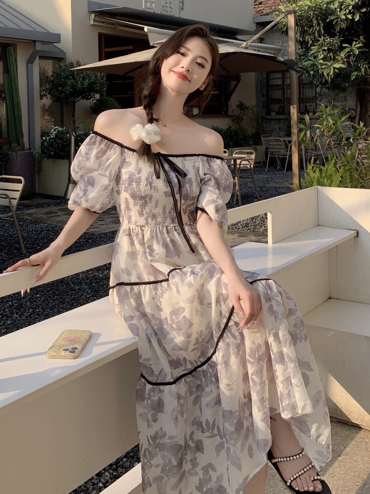 French one-shoulder floral dress women's summer 2023 new temperament waist puff sleeves gentle wind long skirt