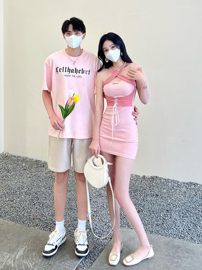 Couple wear summer clothes niche design sense ins short-sleeved T-shirt female cross suspender bag hip dress one skirt one clothes tide