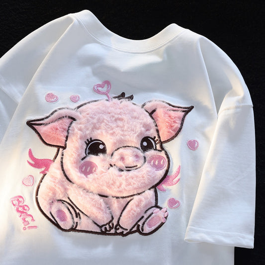 JWNEED love pink piggy T-shirt men and women summer sweet and cute vibe three-dimensional embroidery couple short sleeves