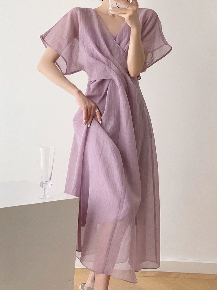 ICTS Half Poetic Half Fireworks Dry Pink Rose Cross Neck Pleated Elegant Translucent Skin-Revealing Dress