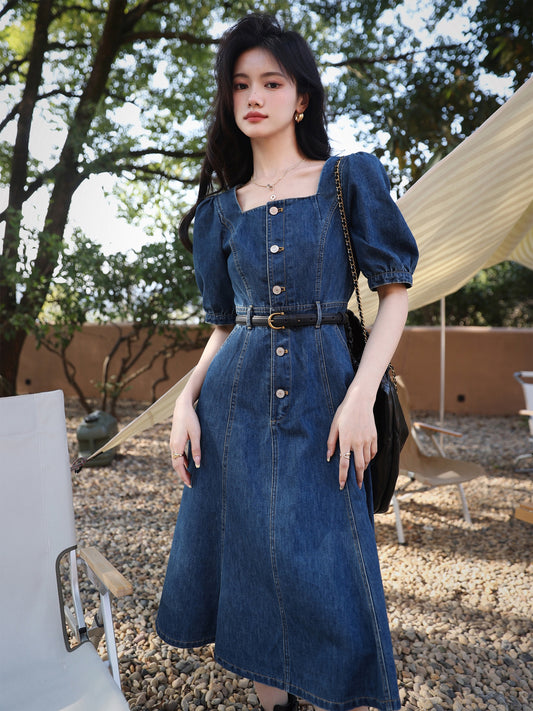 The plum is ripe [Barcelona] 80 cotton retro French square collar denim dress new puff sleeve dress