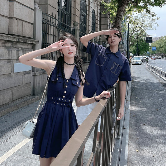 High-end couple wear summer new short-sleeved shirt suit women's French pleated waist dress one skirt and one suit