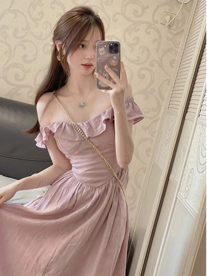 French-style small flying sleeve dress women's summer new waist slimming skirt gentle wind pink temperament long skirt goddess fan