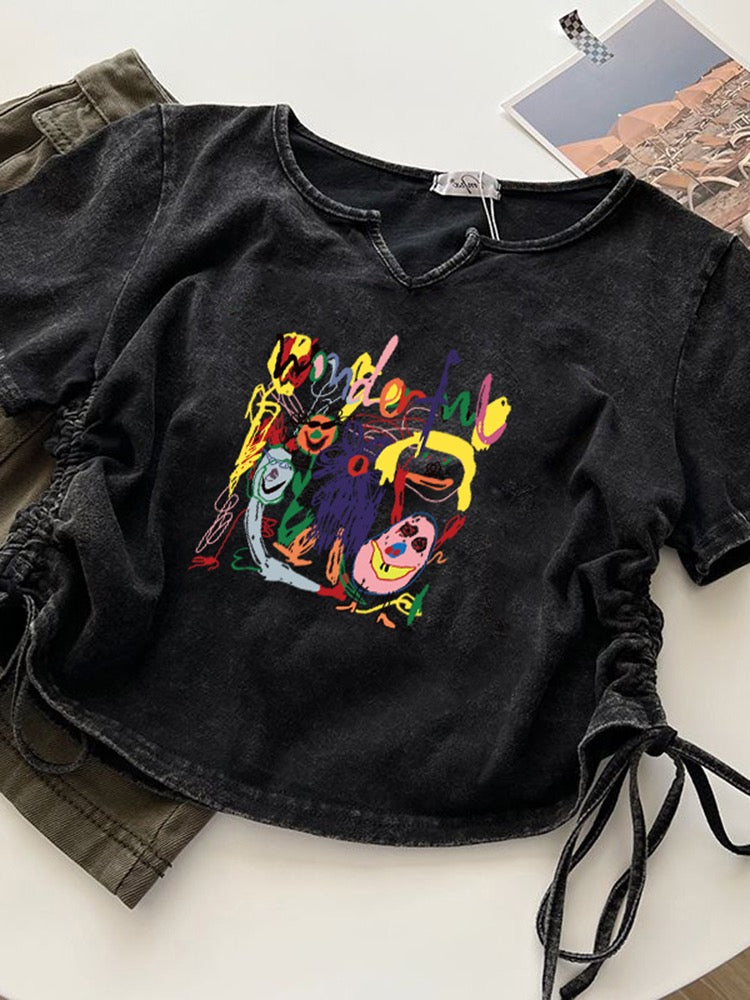 American-style old-fashioned short-sleeved t-shirt women's summer loose and thin T-shirt short drawstring hot girl tops sisters girlfriends