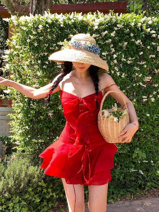 Xiaoli red and white rose V-neck suspender dress 2023 summer new small hot girl niche waist a-line skirt