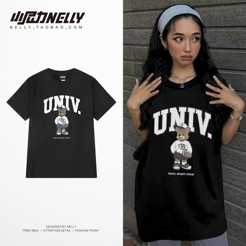 Cartoon bear short-sleeved men's summer high street Korean version of the trendy t-shirt design sense niche all-match tide brand men's tops