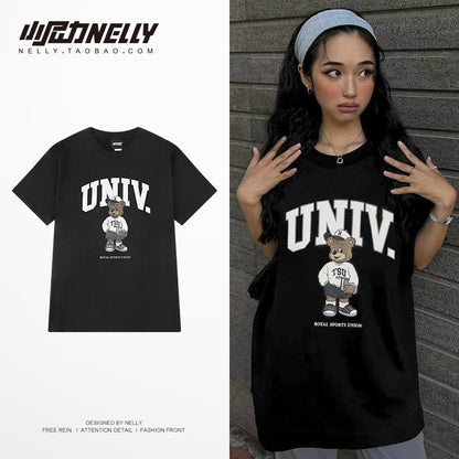 Cartoon bear short-sleeved men's summer high street Korean version of the trendy t-shirt design sense niche all-match tide brand men's tops