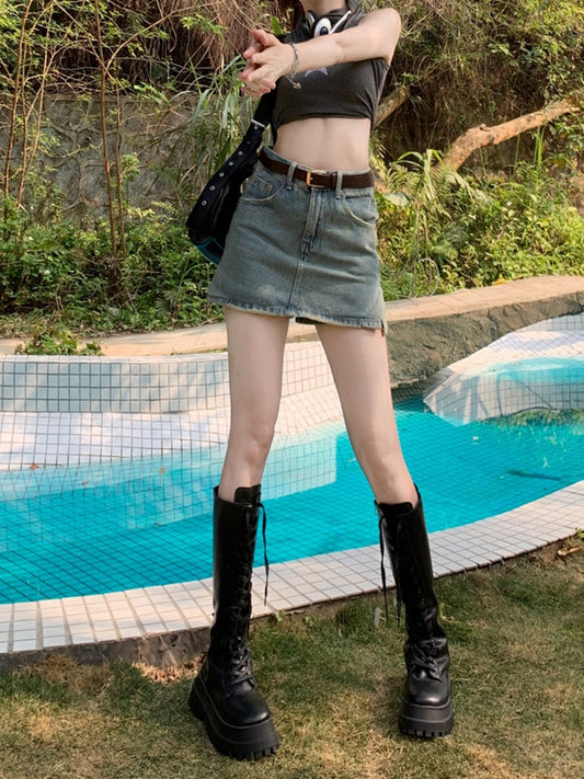 Retro washed slit denim skirt skirt women's summer hot girl anti-lost small tall waist bag hip short skirt