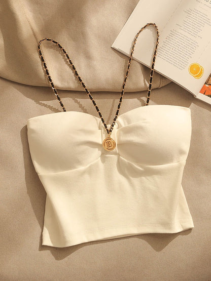 French chain camisole women's summer sexy self-cultivation beautiful back with chest pad bottoming short tube top top