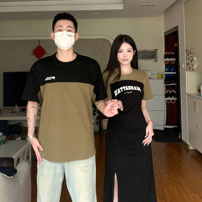 Couple wear summer clothes niche design sense new splicing short-sleeved T-shirt letter printing fake two-piece splicing dress