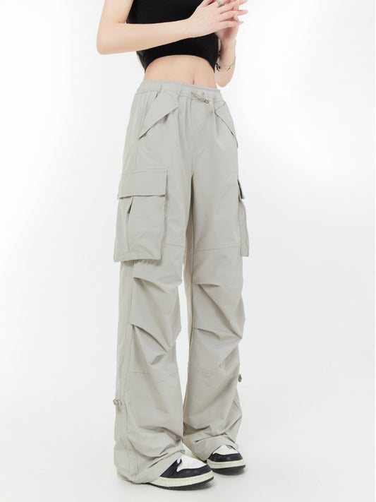 HHZ Leg/Grey Parachute Pants Loose Sports Wind Overalls Women's Pleated Pants Design Casual Pants