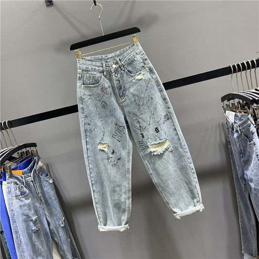 Rabbit hand-painted graffiti radish jeans women's 2023 summer new high waist loose hole daddy harem pants trend