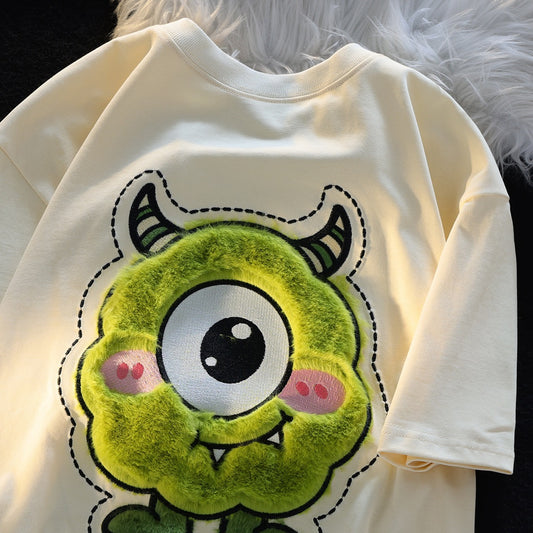 JWNEED green one-eyed little monster short-sleeved summer loose niche plush 3D three-dimensional embroidery t-shirt couple outfit